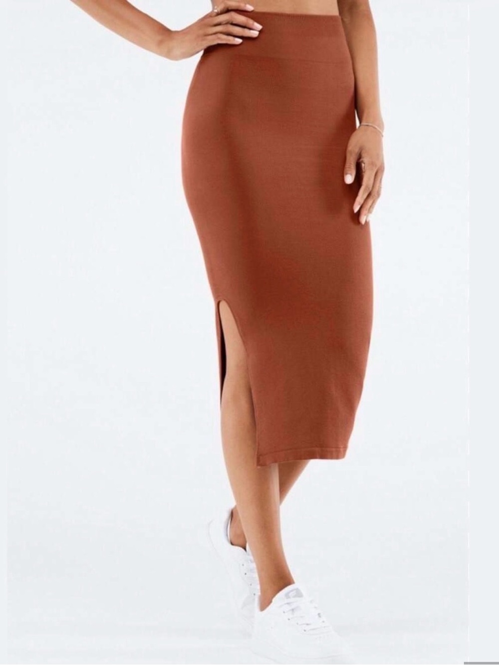 Fabletics Rust-Brown High Waist Ribbed Seamless Pencil Skirt with Side Slit